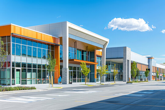 Photo of the mall shopping street in North America. Exterior of a new shopping centre building. Mall complex outdoor
