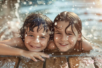 A group of happy smiling children having fun splashing in the swimming pool on a sunny day - obrazy, fototapety, plakaty