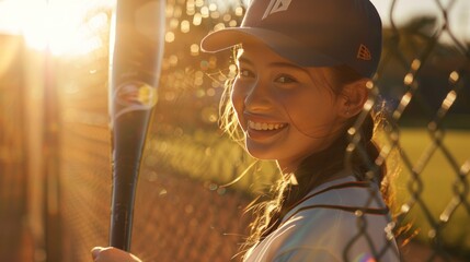 A girl in a baseball uniform holding a baseball bat stands smiling and looks at the camera with sunlight shining behind her - Powered by Adobe