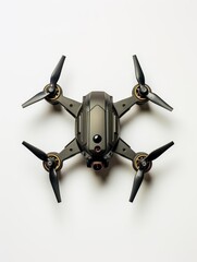 Top view of black drone with camera isolated on white background