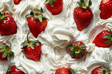 Top view of delicious strawberries and cream. Whipped cream and strawberry background - obrazy, fototapety, plakaty