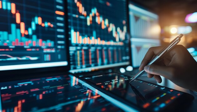 Financial analysts peer over charts, their lines and figures a map to navigate the turbulent waters of the stock market, background concept