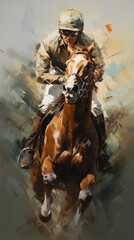 A jockey riding a thoroughbred racehorse.