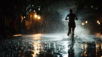 Obraz premium Athlete running in rain through water at night