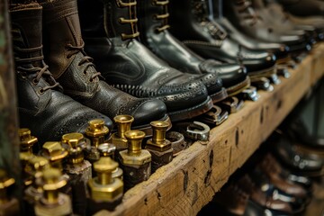 Obraz na płótnie Canvas In the shoe industry, brass fittings signify a luxury that skilled hands fix under the fire of innovative design, business concept