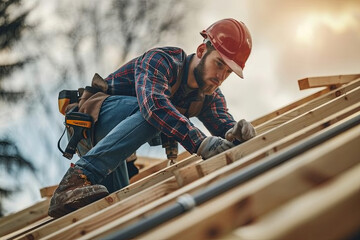 male roofer carpenter working on roof structure on construction site

