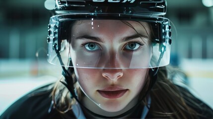 Close-up of a female ice hockey player, alone on the field.
