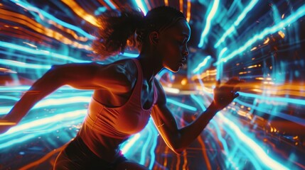 Fototapeta premium Close-up, hologram, woman running in studio