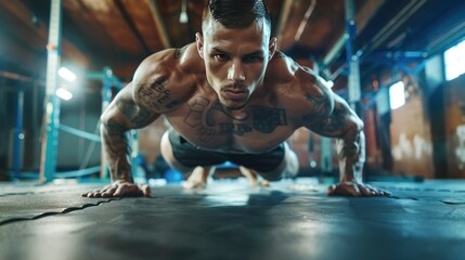 Close-up shot of a muay thai boxing athlete doing pushups in a gym
