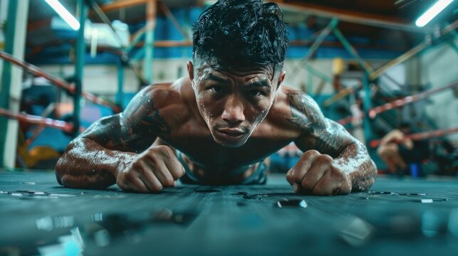 shot of a muay thai boxing athlete doing pushups in a gym