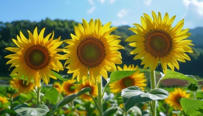 Obraz premium Sunflowers stand tall as a family, their faces like a crowd waiting for the festive bus parade, bright water color