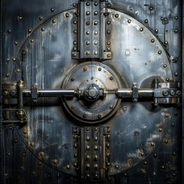 The cool, metallic surface of a bank vault door, exuding an aura of safety and invulnerability