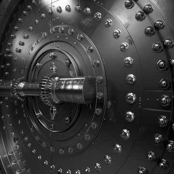 The cool, metallic surface of a bank vault door, exuding an aura of safety and invulnerability