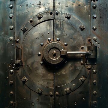 The cool, metallic surface of a bank vault door, exuding an aura of safety and invulnerability