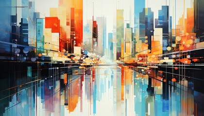 Craft an avant-garde perspective of a futuristic cityscape featuring abstract impressionistic details Utilize vibrant oil colors to highlight sleek skyscrapers and bold geometric s