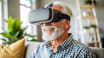 Senior man enjoying VR headset gadget at home. Elderly male having fun and playing metaverse gaming. Concept of virtual reality and modern technology in old age