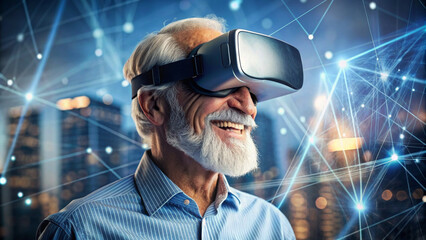 Senior man enjoying VR headset gadget in cyberspace and virtual reality. Eldery male having fun in metaverse digital hud hologram with geometric figures and indicators. Concept of virtual reality and 