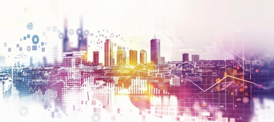Abstract city skyline double exposure background. Generative AI technology.