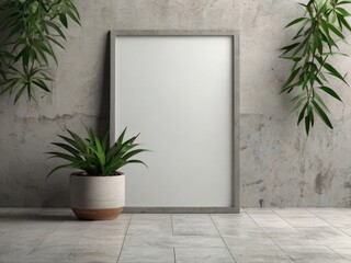 Interior poster mock up with vertical empty wooden frame standing on floor