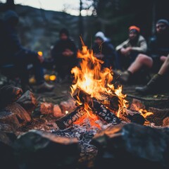 The warmth of a campfire draws people together, its crackling flames a primitive comfort in the chill of the wilderness, background concept