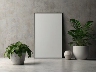 Interior poster mock up with vertical empty wooden frame standing on floor