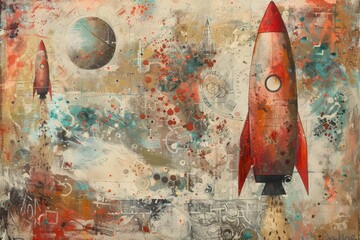 Utilize the copy space on this mixed media artwork to imagine the exciting world of rocket parcel delivery