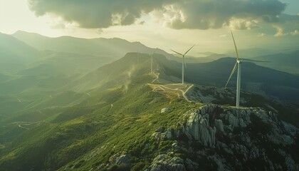 Wind turbines stand tall on a mountain ridge, their blades turning gracefully, harmonizing renewable energy production with the surrounding wilderness in a macro concept