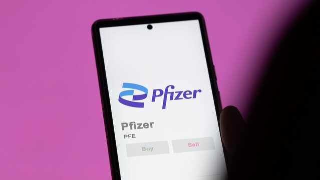 April 09th 2024 , New York City, New York. Close up on logo of Pfizer on the screen of an exchange. Pfizer price stocks, $PFE on a device.