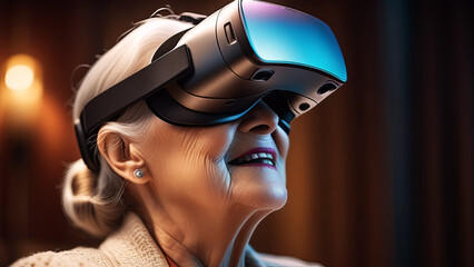 Senior woman enjoying VR headset gadget at home. Elderly female having fun and playing metaverse gaming. Concept of virtual reality and modern technology in old age