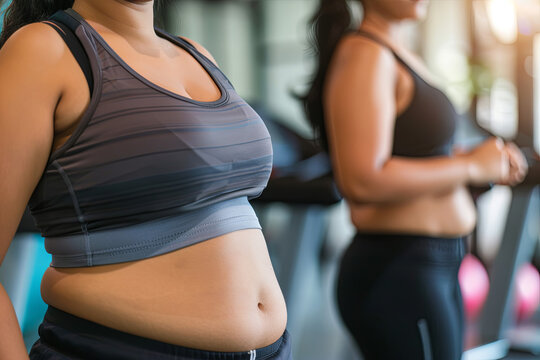 Young overweight indian woman workout in gym with trainer to lose weight and burn belly fat exercise. fitness and health care
