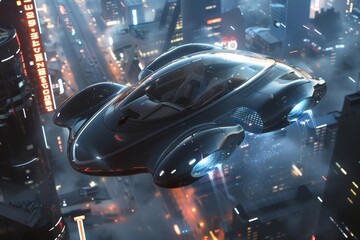 A futuristic flying car soars above the city, its sleek design illuminated by neon lights