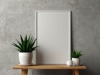 rectangle poster mockup with plant concrete wall background