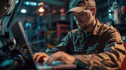Obraz premium A mechanic comparing engine diagnostic results on the laptop with real-time engine parameters.