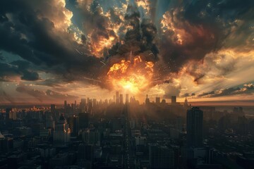 Fototapeta premium A hauntingly beautiful image of a city skyline with buildings crumbling under the force of an atomic bomb blast