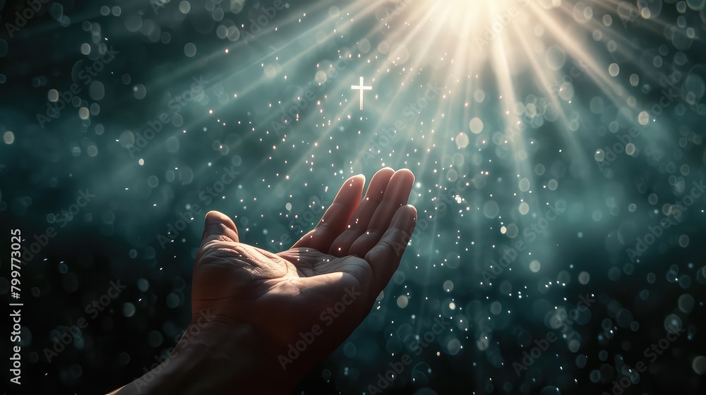 Poster a peaceful composition with a helping hand surrounded by rays of light and a cross in the background