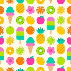 Colorful geometric fruit, hibiscus and ice cream seamless pattern design for summer holidays background. 
