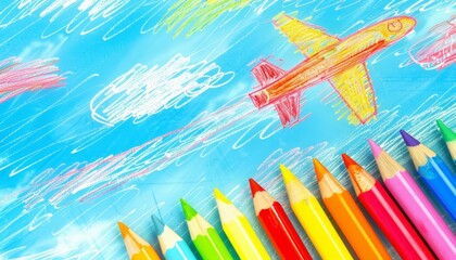 A jet soars across a child s drawing, its trail a vibrant scribble against a crayonblue sky, forming a delightful children drawing concept