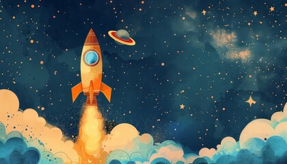 A kids drawing of a rocket labeled Career Goals blasts off toward a starry sky, symbolizing ambition and the limitless possibilities in the tech industry with an imaginative cartoon concept