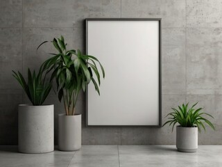 rectangle poster mockup with plant concrete wall background