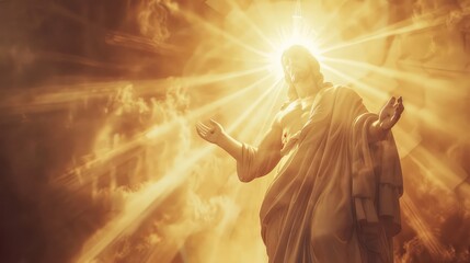 An inspirational scene of Jesus Christ surrounded by light, symbolizing resurrection and rebirth.