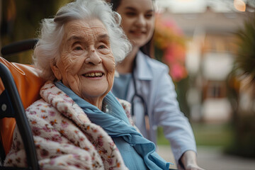 Senior woman arrives at a nursing home and is wheeled inside by a friendly orderly

