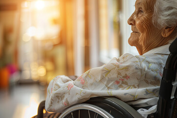 Senior woman arrives at a nursing home and is wheeled inside by a friendly orderly
