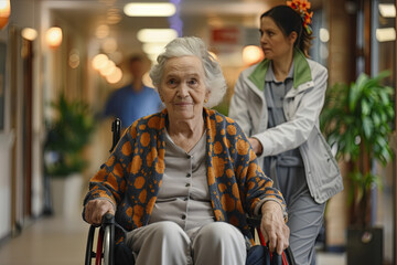 Senior woman arrives at a nursing home and is wheeled inside by a friendly orderly
