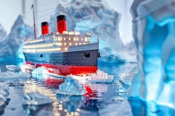Close-up of titanic ship navigating through icebergs at evening with neon lights on the ship