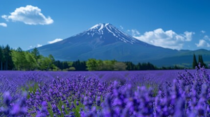 Fuji Mountain and Lavender Field at Oishi Park, Kawaguchiko Lake, Japan