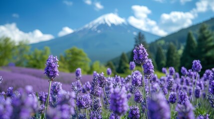 Mount Fuji and Lavender Field at Oishi Park, Kawaguchiko Lake, Japan