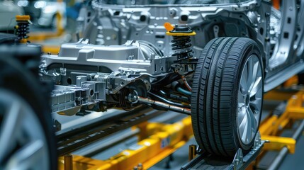 Fototapeta premium A detailed shot of an electric motor being installed in a car frame on the production line.