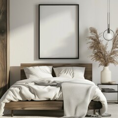 Contemporary Serenity: Minimalist Bedroom with Black Portrait Frame
