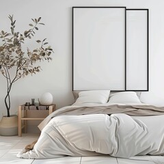 Contemporary Serenity: Minimalist Bedroom with Black Portrait Frame
