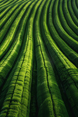 Fototapeta premium Aerial view of symmetrical rows of crops in a vast agricultural field, creating a mesmerizing pattern that stretches to the horizon.